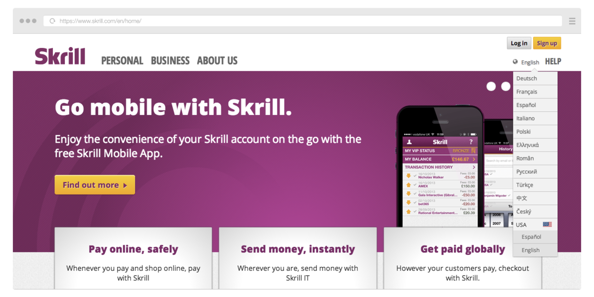 Skrill.com website layout
