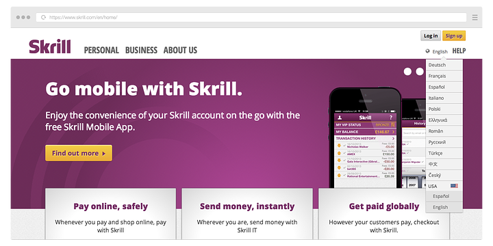 Skrill.com website layout