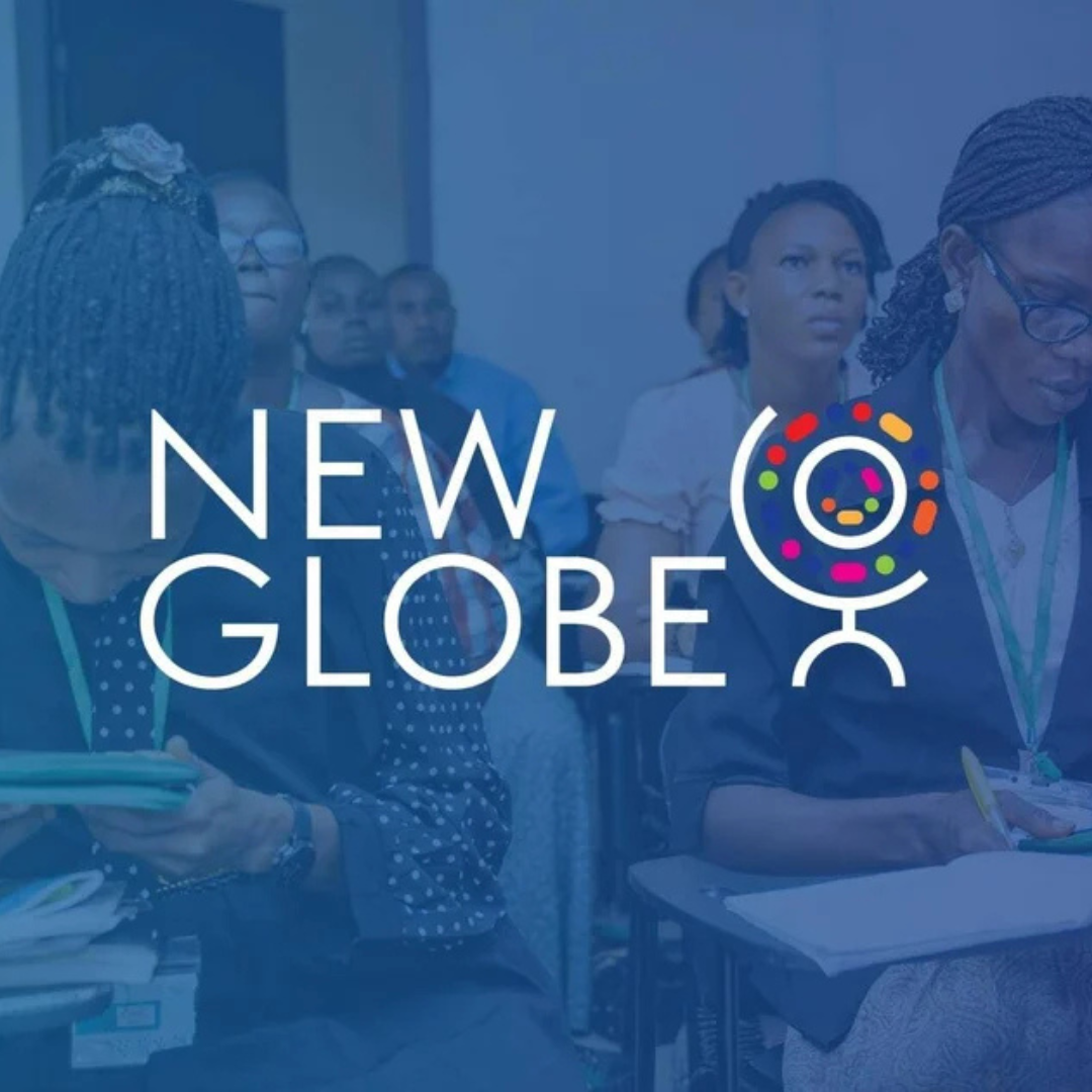 New Globe logo on background of students sitting in a class