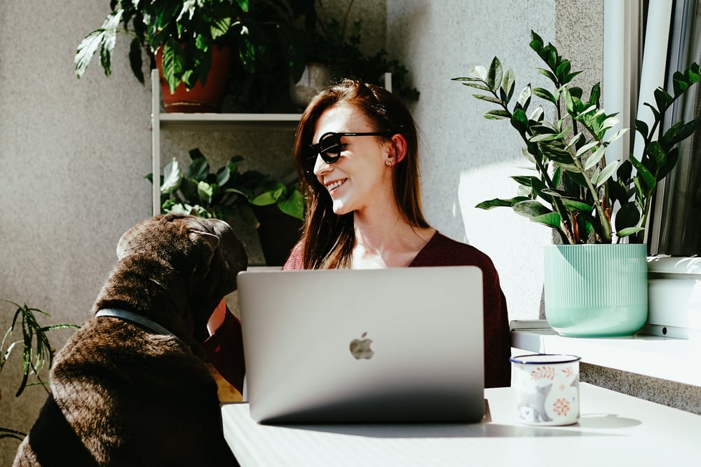 Girl with a dog working on laptop 