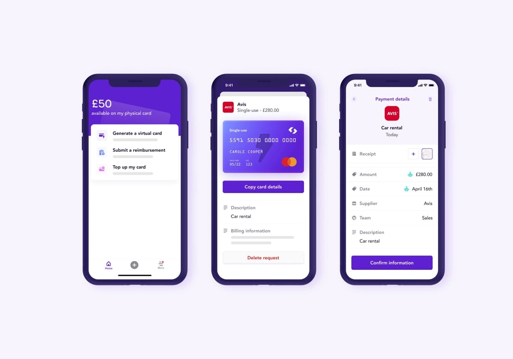 3 smartphone screens displaying payment through Spendesk app