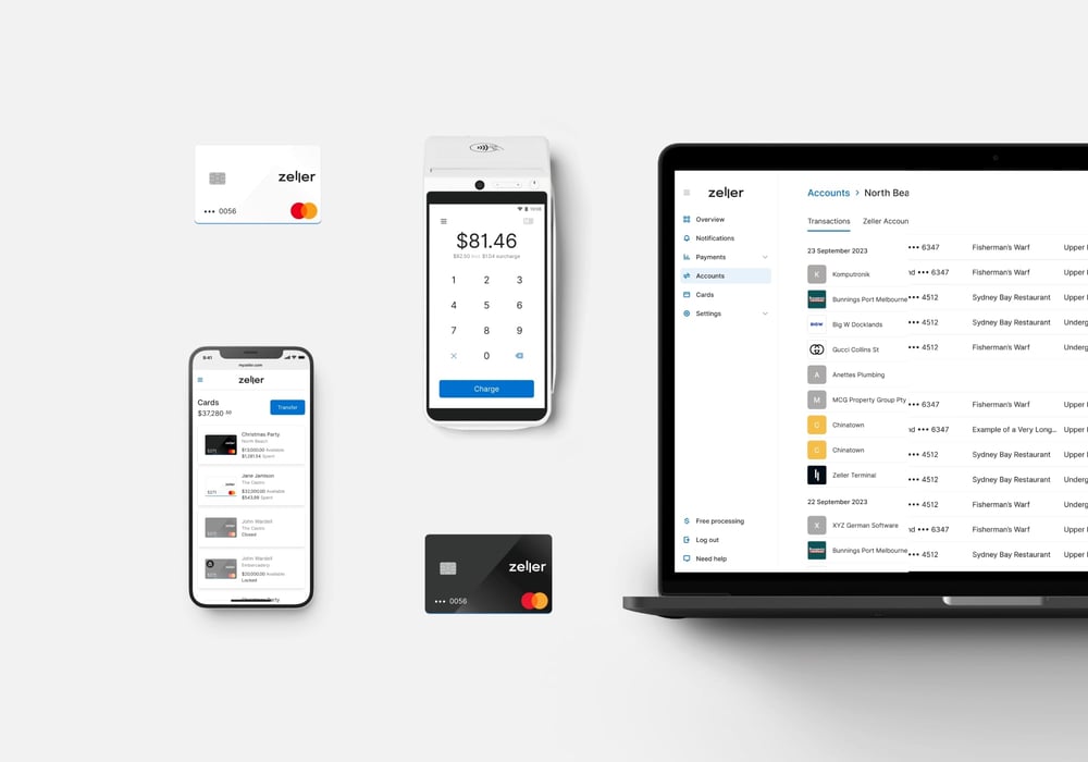 A layout of Zeller payment cards, terminal and mobile devices showing Zeller's homepage