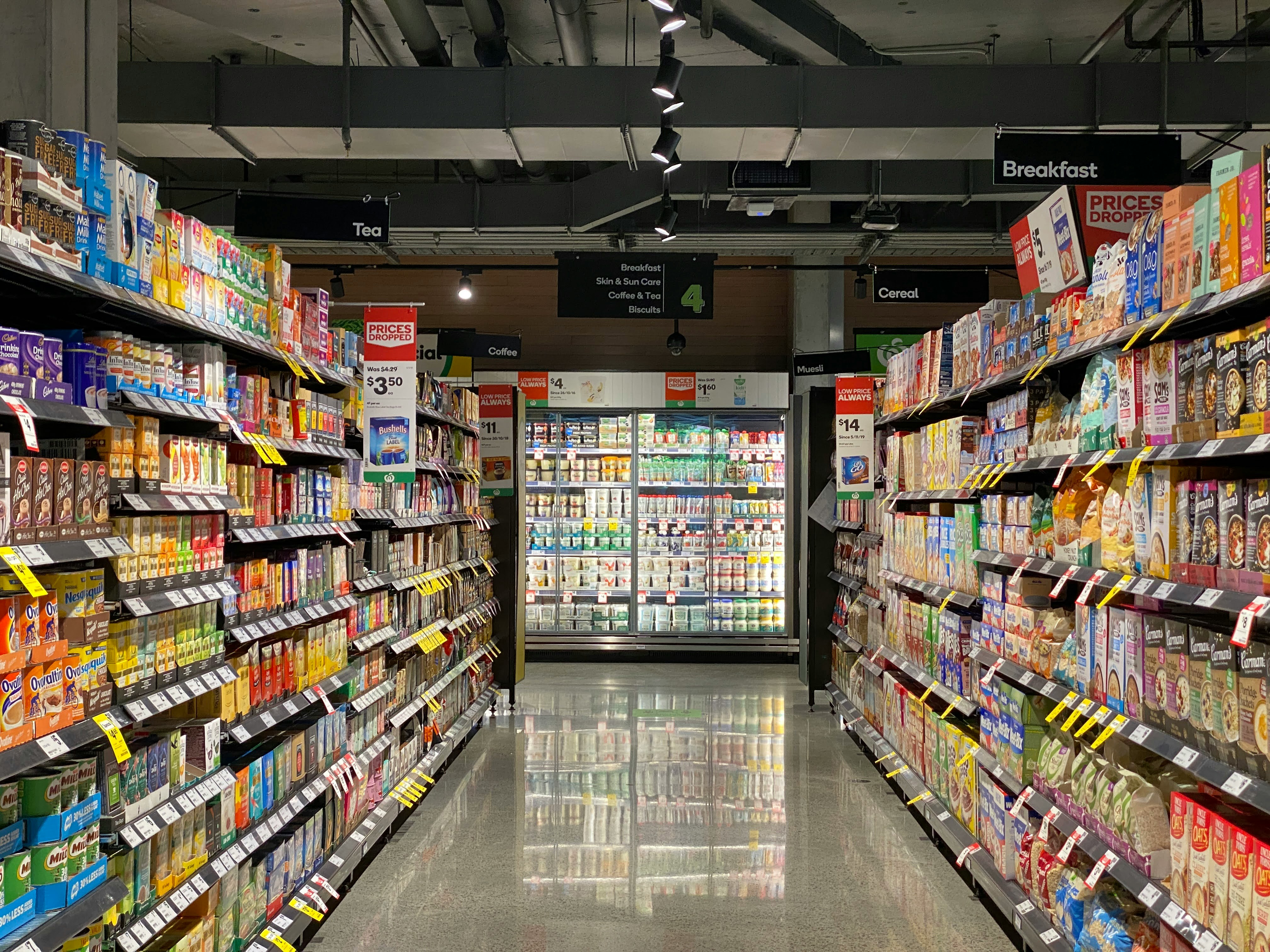 Supermarket shelves.