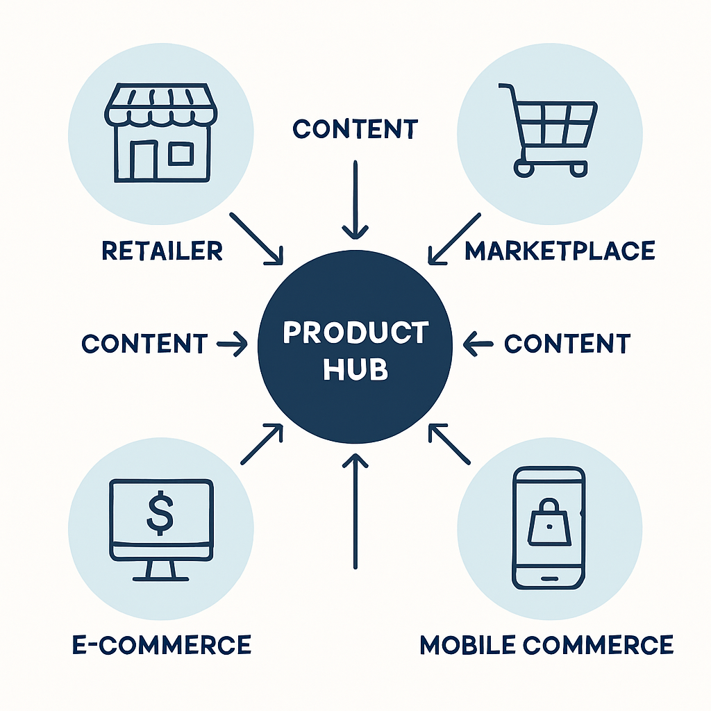 A diagram showing central product hub distributing content to multiple retail and commerce channels-1