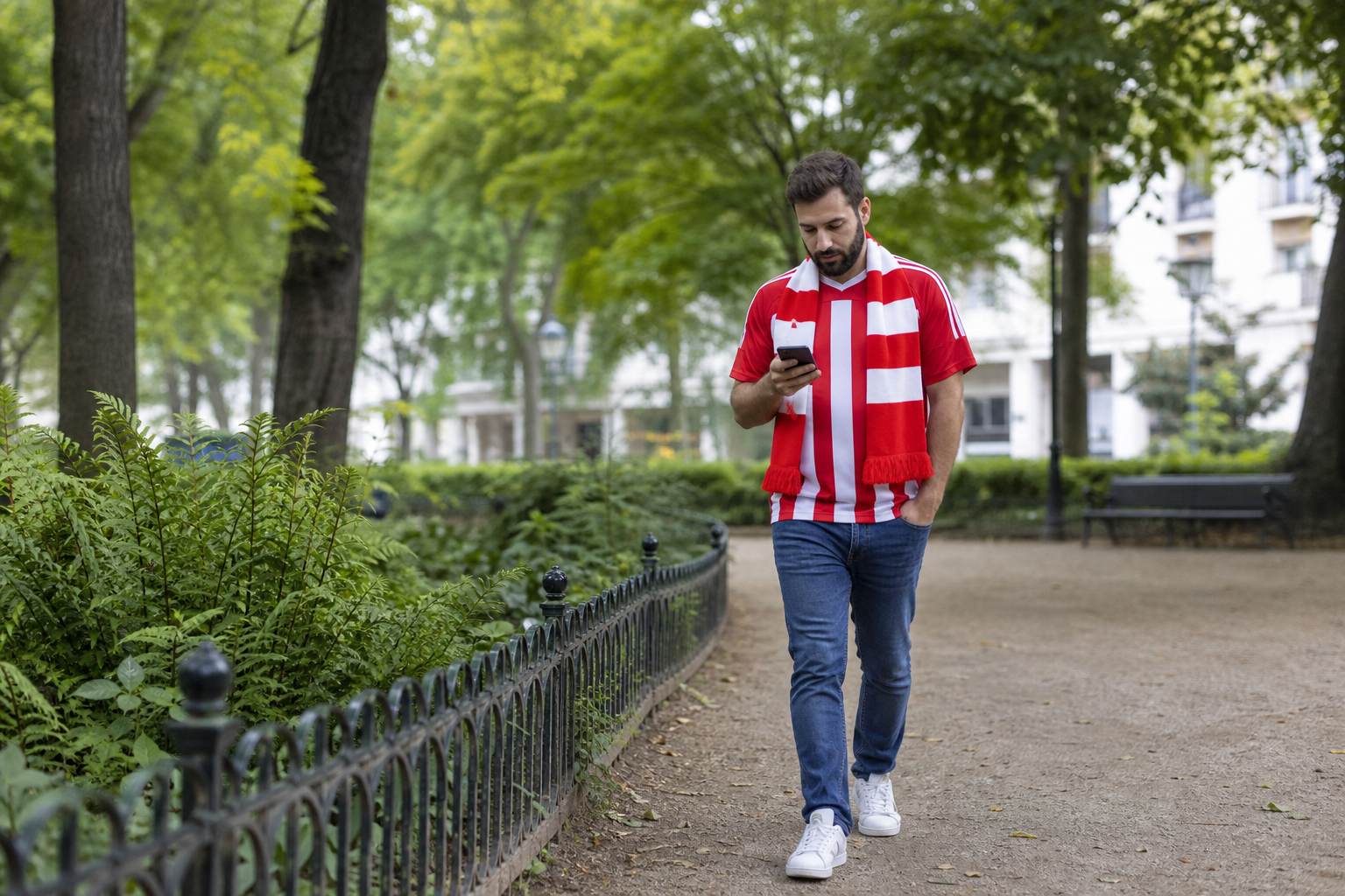 Football Fan Walking In Park Checking Phone