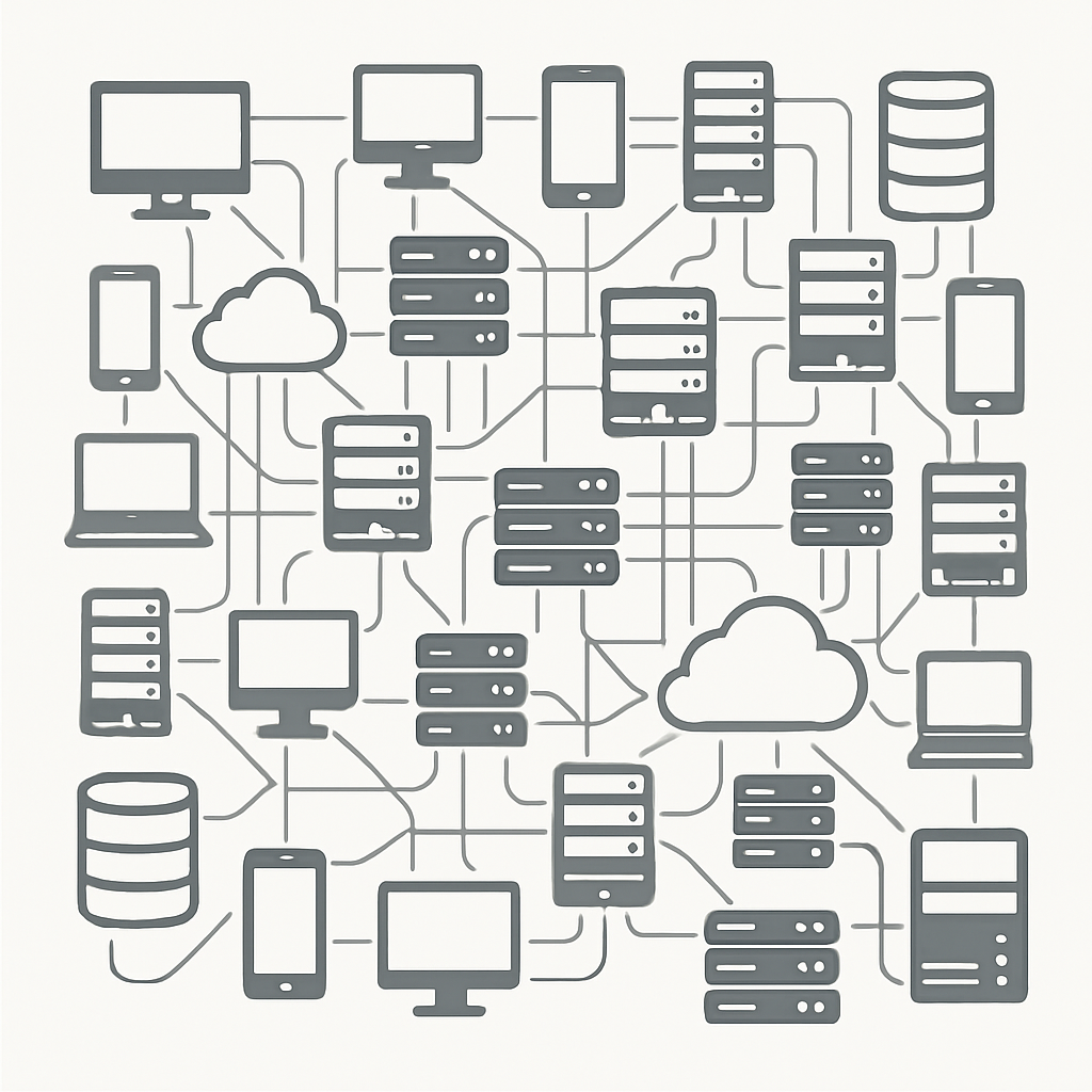 example of architecture of IT systems but visualize it without any text on the image just icons representing servers computers iphones make it look complex with a lot of connections and interconnections between icons-1