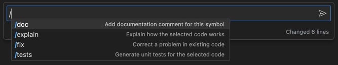 Basic functions of the Copilot Chat, seen when you hit “/”: doc, explain, fix, tests
