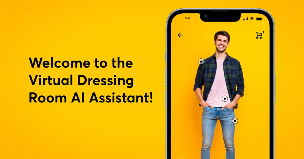 banner with description - welcome to the virtual dressing room AI Assistant and a mobile display with a man