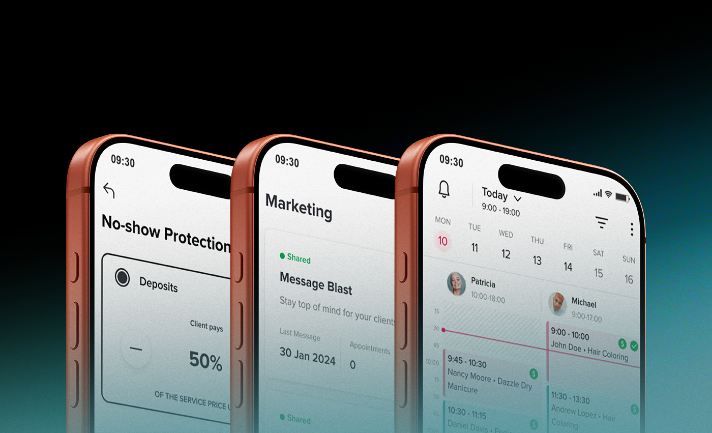Three phones with the Booksy app on.