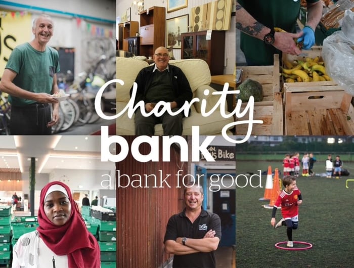 Charity Bank logo and tagline atop 6 images featuring diverse community members