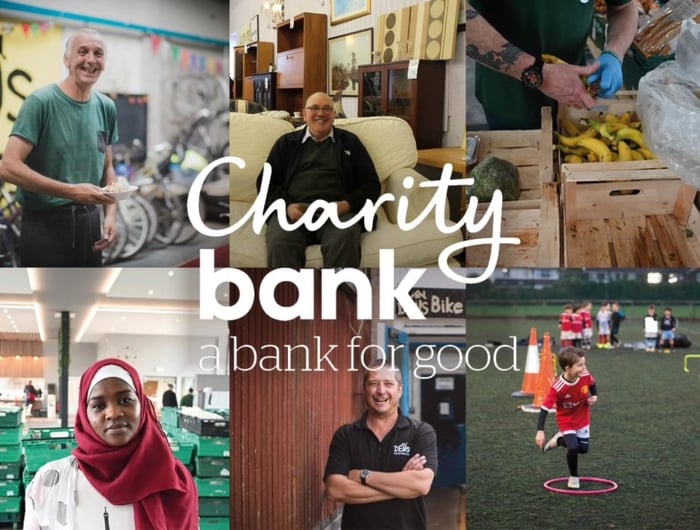 Charity Bank logo and tagline atop 6 images featuring diverse community members