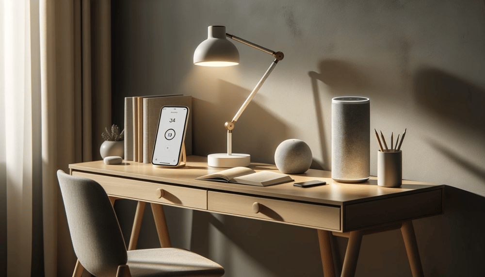 DALL·E 2023-10-30 09.38.02 - A photo of a modern home office setup with a smart desk lamp adjusting its brightness on a wooden desk. Beside it, a smart speaker stands, and in a co