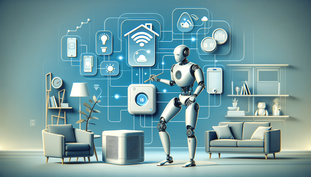 DALL·E 2023-12-07 19.43.31 - A futuristic, simple yet clear illustration showing a robot as a co-pilot, assisting in setting up IoT devices in a smart home environment. The robot,