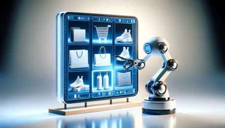 DALL·E 2023-12-08 18.07.35 - A wide, minimalistic digital image depicting AI generating eCommerce product images. Show a sleek, advanced AI system or a robotic arm in the process