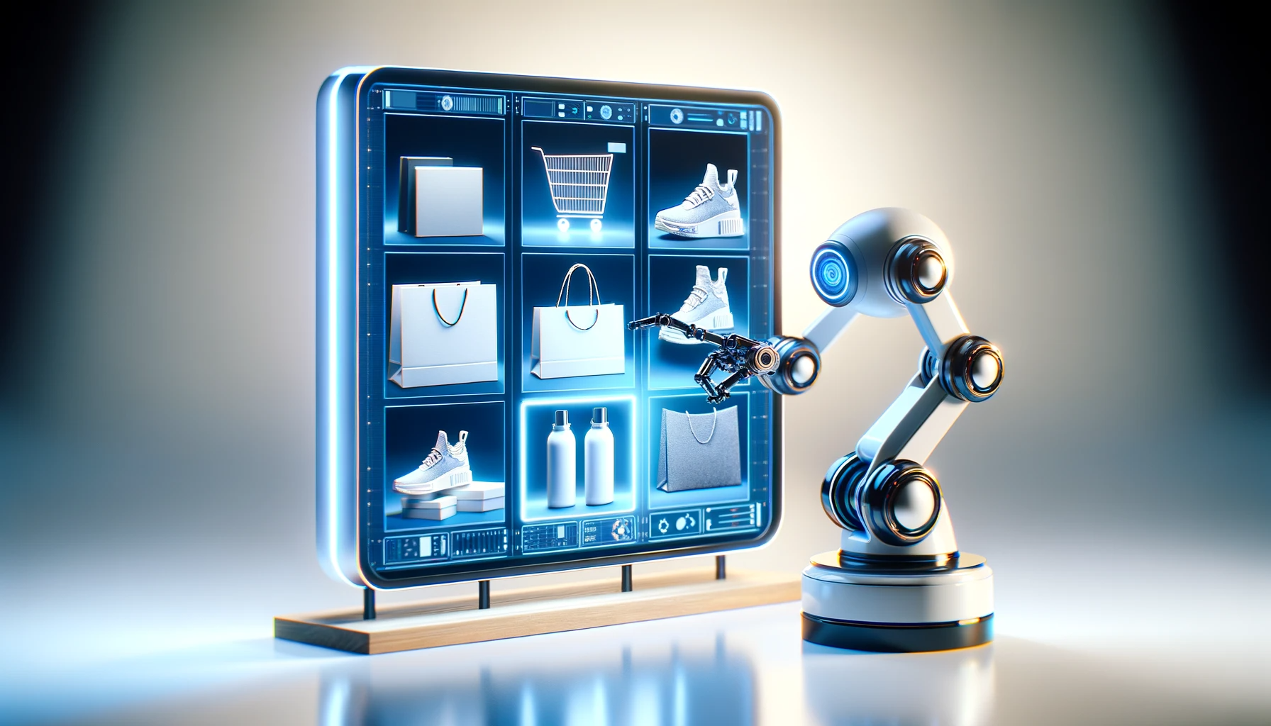 DALL·E 2023-12-08 18.07.35 - A wide, minimalistic digital image depicting AI generating eCommerce product images. Show a sleek, advanced AI system or a robotic arm in the process