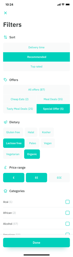 Filters feature in Deliveroo app suggested fix