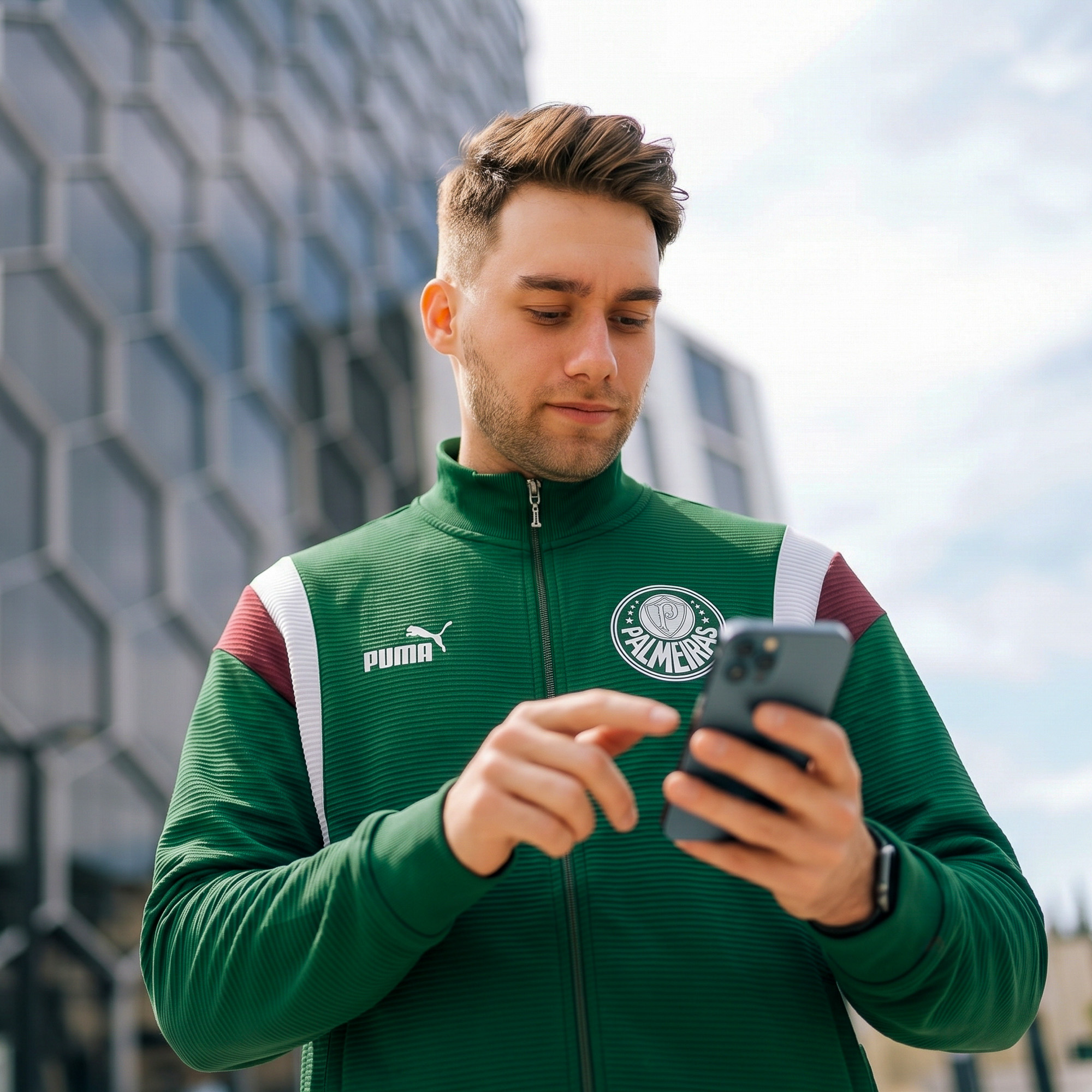 A young man standing outdoors in front of a modern building with geometric windows, looking down at his smartphone. He is wearing a green zip-up track jacket featuring the Palmeiras club crest and Puma logo.