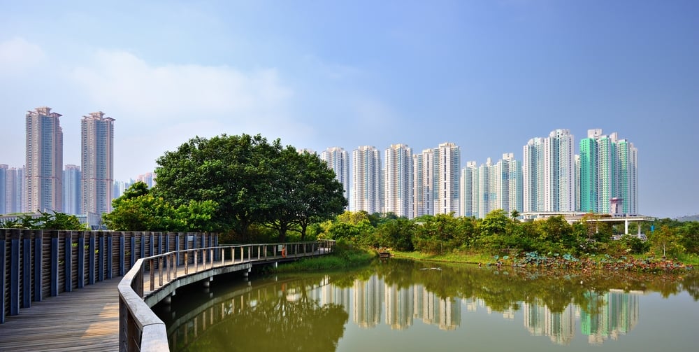 High rise apartments above Wetland Park in Hong Kong, China.