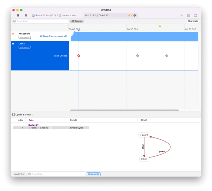 XCode Instruments Leaks app