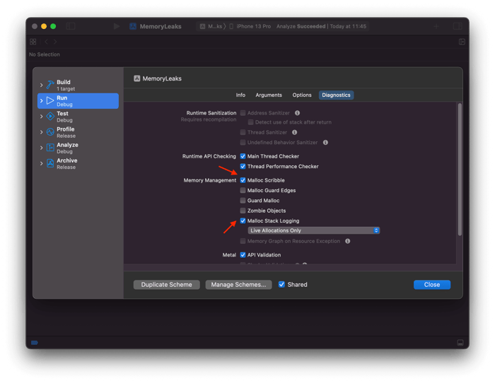 Enabling Malloc Scribble and Malloc Stack