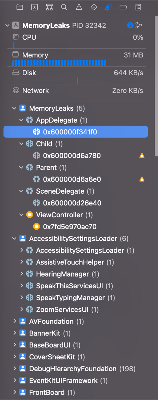 XCode Debug navigator