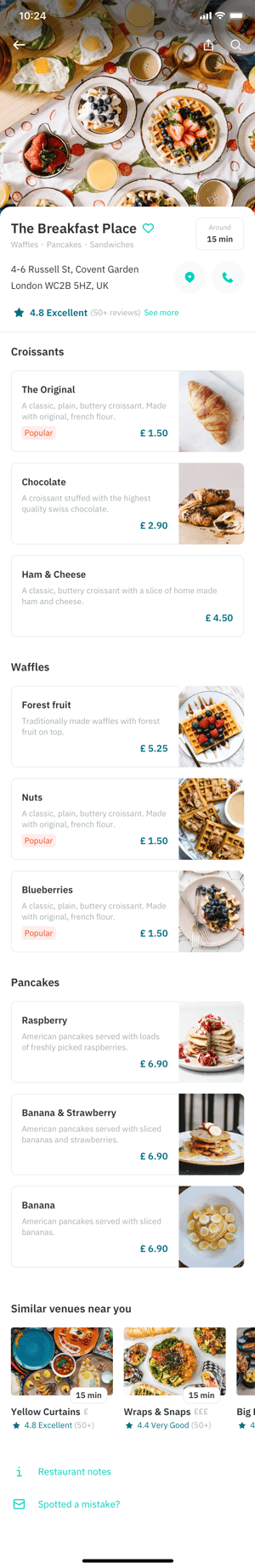 Individual restaruant menu selection page feature in Deliveroo app fourth issue