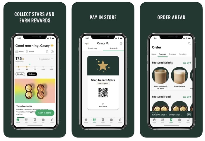3 phones displaying Starbuck's app