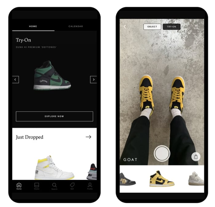 2 side-by-side screenshots of Nike's try on app feature