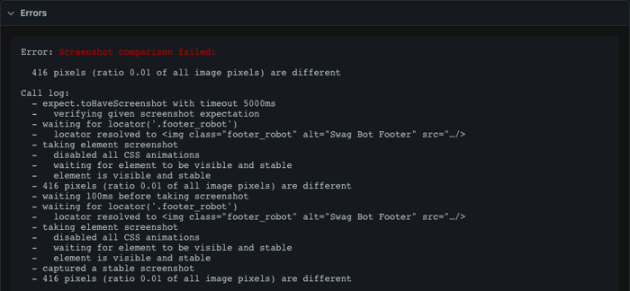 The image shows the error: Screenshot comparison failed once the test run is complete.