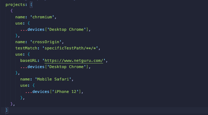 Example of configured projects in playwright.config file
