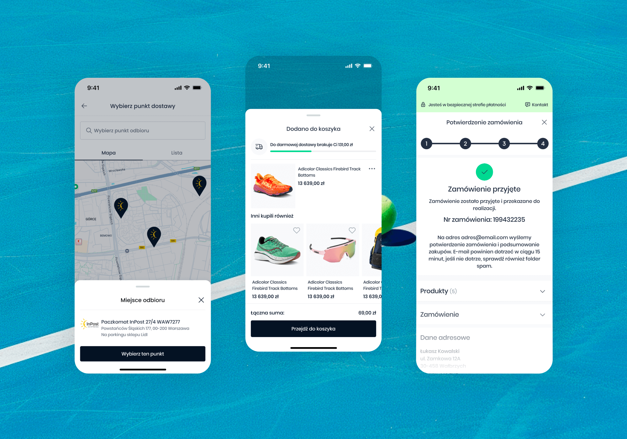 3 screenshots of Sportano app in use on the background of a close-up of a hard blue tennis court 