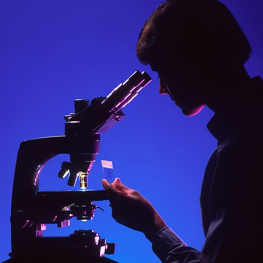 Woman scientist by a microscope.