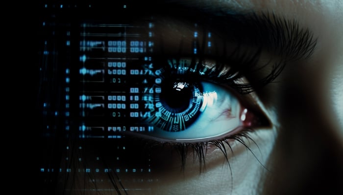 blue-eyed cyborg woman watches futuristic computer data generated by ai