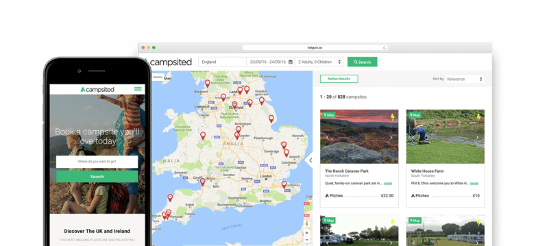 a main page of an booking application and the UK map