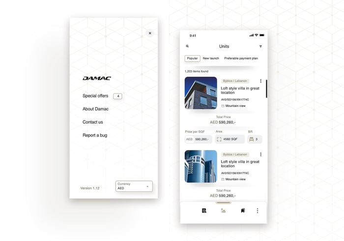 two Damac app screenshots