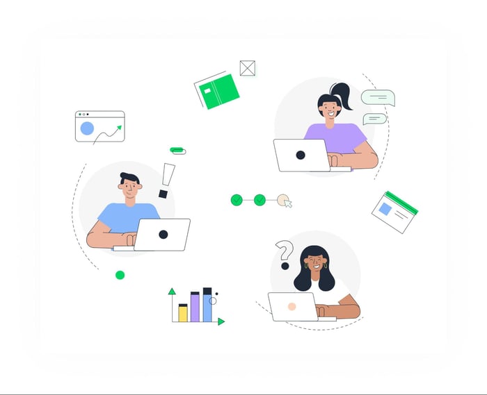 an illustration showing a cooperation between three different designers