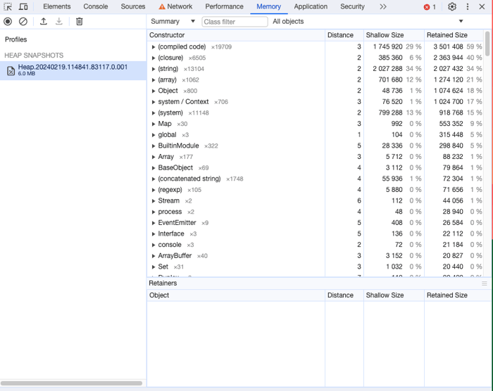 screenshot example of how to manually dump Node.js heap memory into a file