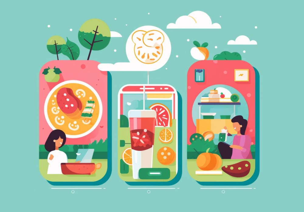 A vector illustration of people enjoying healthy food