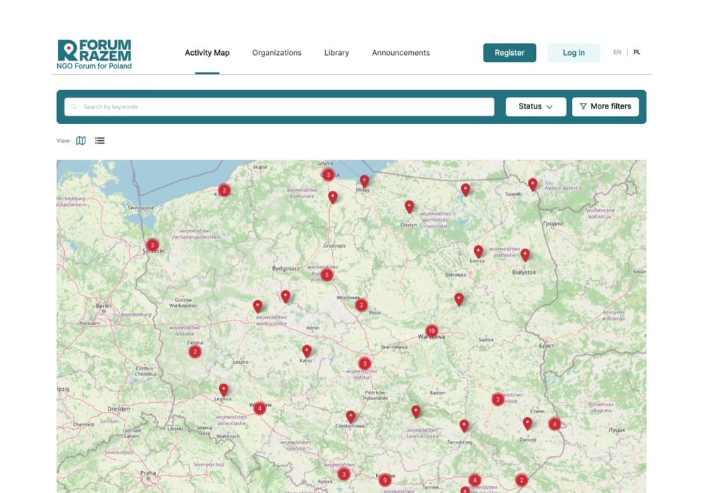 Interactive map the with locations of activities managed by each organization