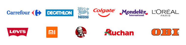 Logos of brands running on the VTEX platform: Carrefour, Decathlon, Nestlé, Colgate, Mondelēz International, L'Oréal, Levi's, Xiaomi, KFC, Auchan, OBI